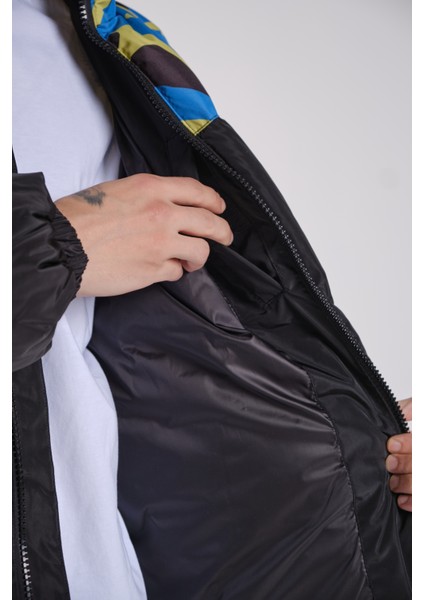 Siyah Desenli Şişme Puffer Mont