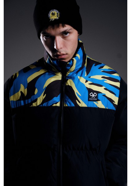 Siyah Desenli Şişme Puffer Mont