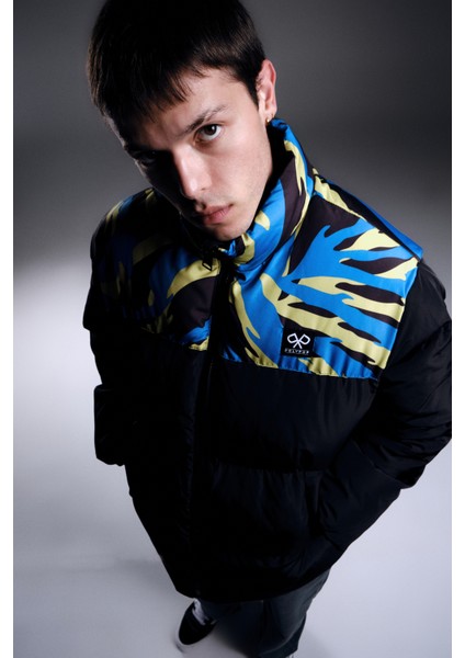 Siyah Desenli Şişme Puffer Mont