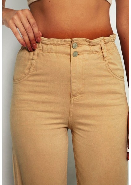 Lastik Belli Yüksek Bel Geniş Paça Kot Pantolon