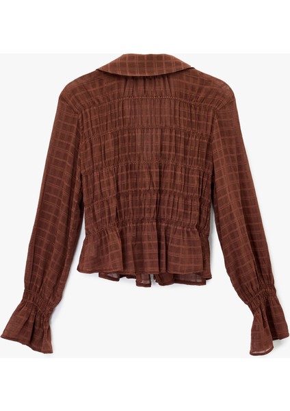 Fiyonklu Bağlama Detaylı Uzun Balon Kollu Gömlek Yaka Ekoseli Bluz fiyatları