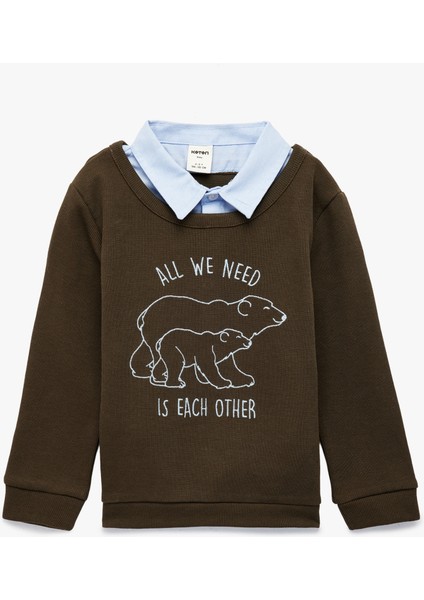 Uzun Kollu Gömlek Yaka Baskılı Sweatshirt