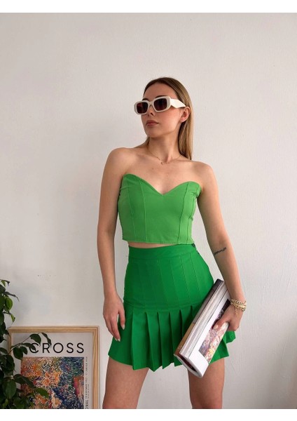 Pileli Düğmeli Etek Açık Yeşil S24811
