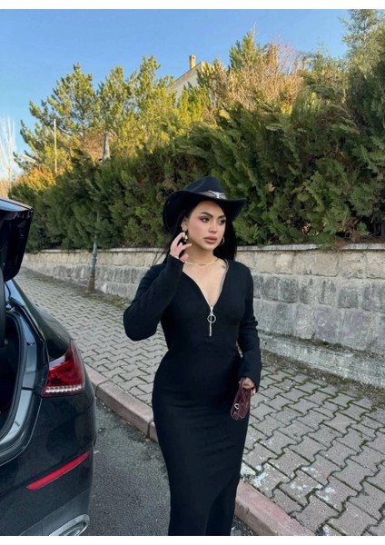 Fermuar Detaylı Fitilli Şardonlu Elbise Siyah A3178 indirimleri