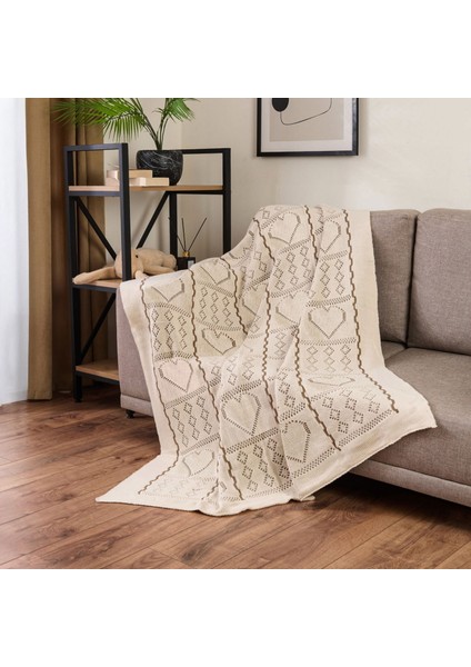 Soft Kalp Desenli Tirko Koltuk Şalı - Bej - 120X160 cm