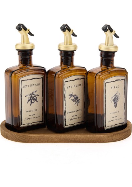 Kitchen Ahşap Stantlı 3'lü Yağlık Sirkelik Seti - Amber - 300 ml