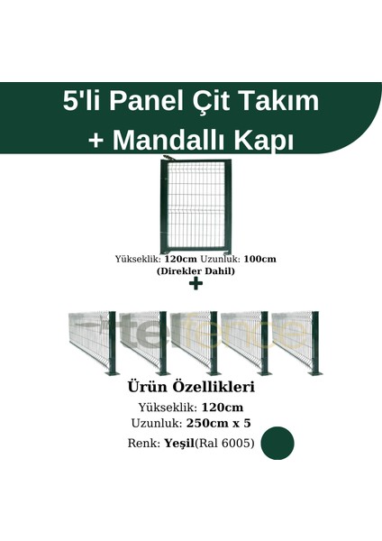 5 'li Panel Çit Takım Yeşil (12.5 Mt) + Panel Çit Kapı Mandallı Avantaj Paketi (120 Cm)