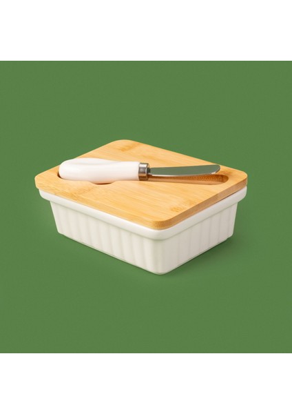 Kitchen Bıçaklı Porselen Tereyağlık - Beyaz - 14 cm