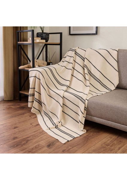 Soft Çizgili Triko Koltuk Şalı - Ekru - 120X160 cm