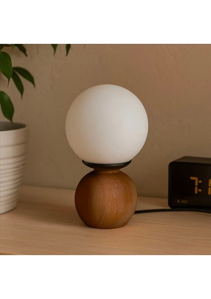 Lighting Opal Cam Top Abajur - Ceviz / Beyaz - 26X15X15 cm