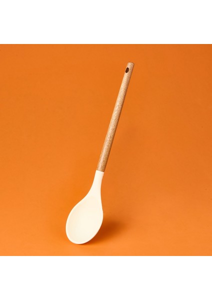 Ahşap Saplı Silikon Kaşık - Krem / Kahverengi
