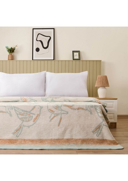 Soft Nava Pamuklu Çift Kişilik Battaniye - Ekru / Yeşil - 200X220 cm