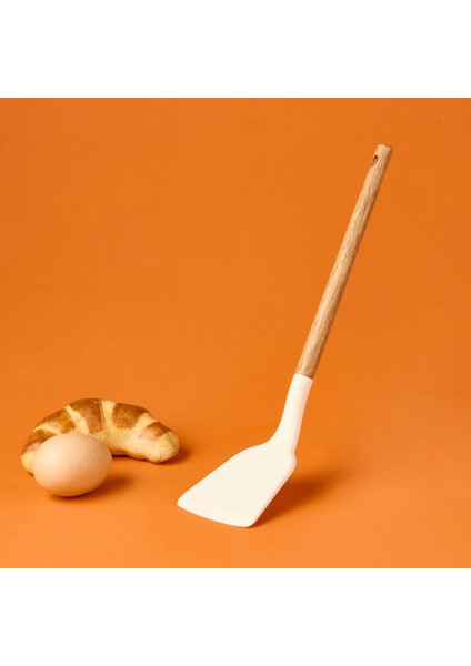Ahşap Saplı Silikon Geniş Spatula - Krem / Kahverengi fiyatları