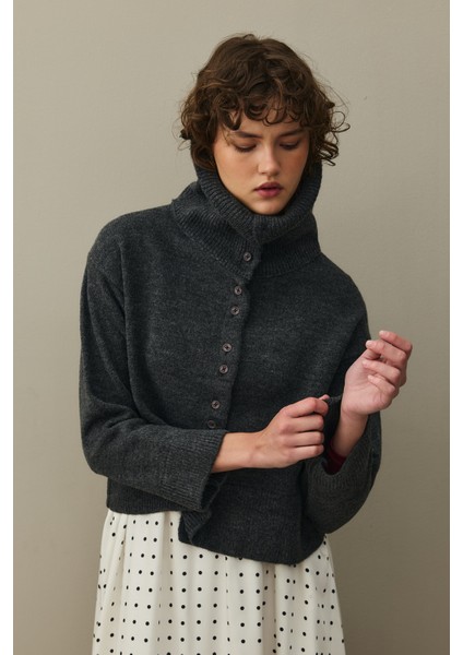 Geniş Yakalı Tiftik Hırka Antrasit