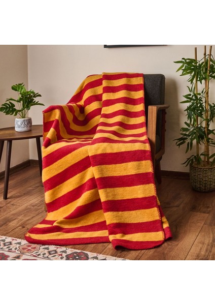 Soft Çizgili Pamuklu Tv Battaniyesi - Sarı / Kırmızı - 130X170 cm