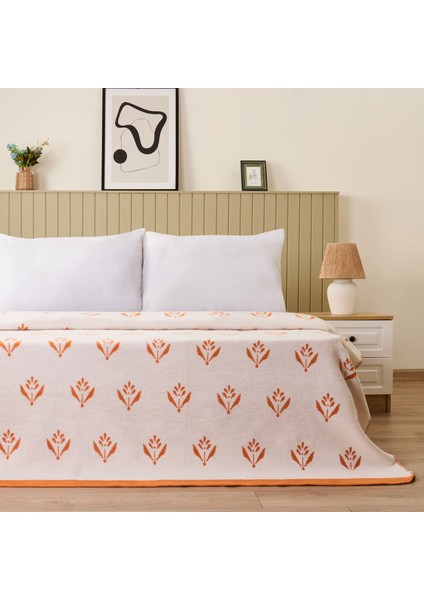 Soft Elias Pamuklu Çift Kişilik Battaniye - Ekru / Turuncu - 200X220 cm
