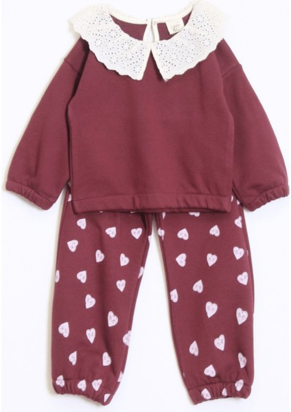 Kız Çocuk Yakalı Kalp Desenli Takım