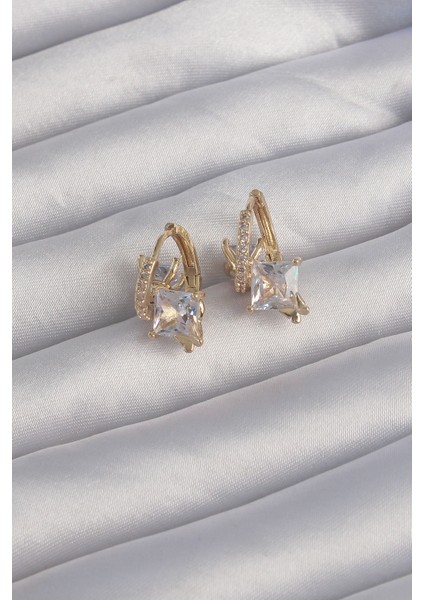 Pirinç Gold Renk Iri Zirkon Taşlı Kıvrımlı Minimal Kelebekli Halka Küpe