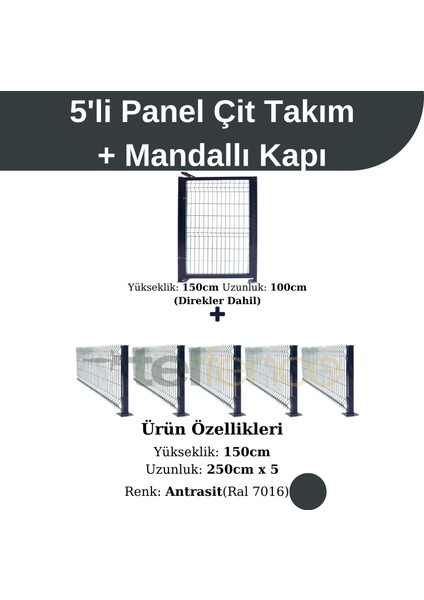 5 ‘li Panel Çit Takım Antrasit (12.5 Mt) + Panel Çit Mandallı Kapı Avantaj Paketi (150 Cm)