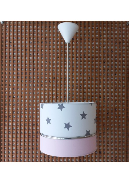 Beyaz Yıldızlı Pembe M 342 Elkamentli Kumaş Kaplama Çocuk Odası ve Bebek Odası Avize Sarkıt