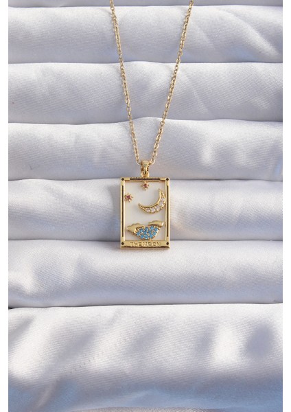 316L Çelik Zincir Gold Renk Ay Detay Mavi Zirkon Taşlı Tarot Kolye fiyatları