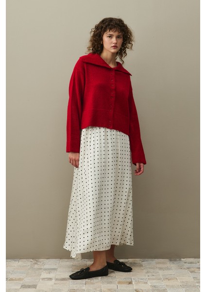 Geniş Yakalı Tiftik Hırka Kırmızı