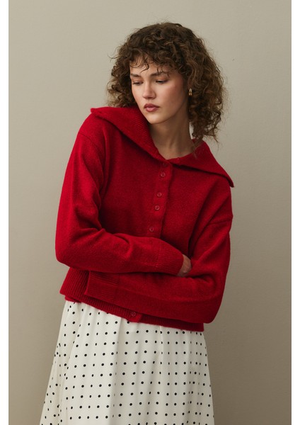 Geniş Yakalı Tiftik Hırka Kırmızı fırsatları