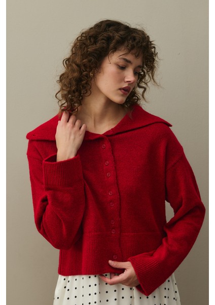 Geniş Yakalı Tiftik Hırka Kırmızı indirimleri