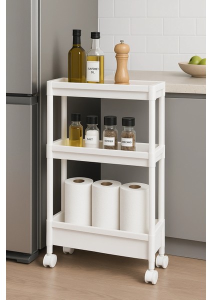 Buğz Dar Alan Uyumlu Tekerlekli 3 Katlı Mutfak Rafı – Yağlık, Baharatlık ve Peçetelik Organizer