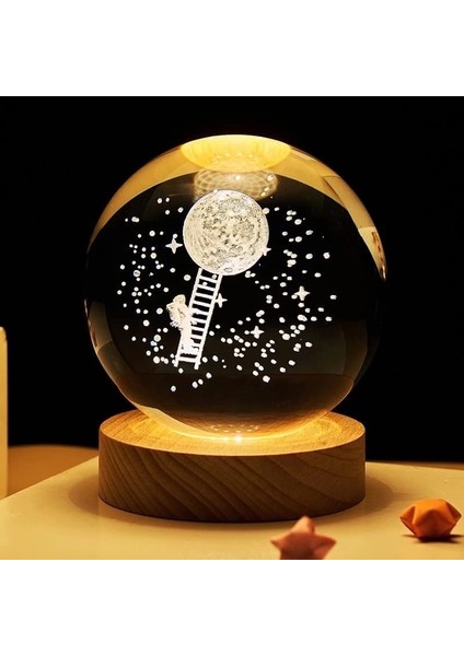Buğz Dekoratif Merdivenli Astronot ve Ay Tasarımlı Ahşap Altlıklı Işıklı Cam Küre Cam:6cm Ahşap:2cm