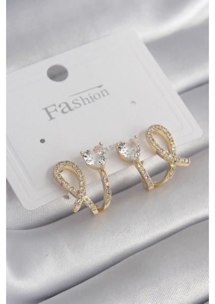 Pirinç Gümüş Renk Zirkon Taşlı Kalp Model Kadın Küpe