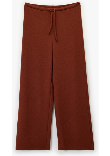 Beli Lastikli Bağlamalı Dokulu Uzun Geniş Paça Pantolon