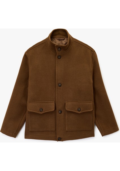 Regular Fit Kapaklı Cepli Düğmeli Dik Yaka Kaşe Ceket