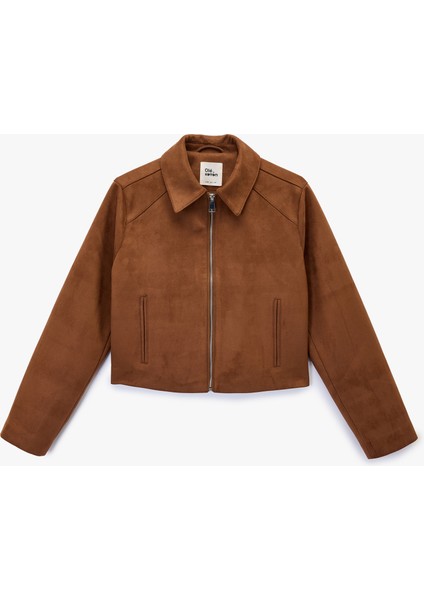 Fermuar Detaylı Uzun Kollu Klasik Yaka Cepli Suni Süet Ceket