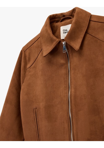 Fermuar Detaylı Uzun Kollu Klasik Yaka Cepli Suni Süet Ceket modelleri