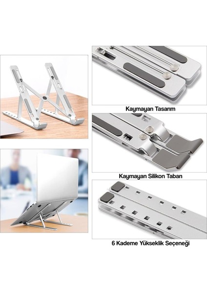 Katlanabilir Laptop Standı, Metal Dizüstü Bilgisayar Standı, Macbook, Notebook, 10-17 Inç Laptop Uyumlu, Taşınabilir Ergonomik Gümüş Bilgisayar Standı fırsatları