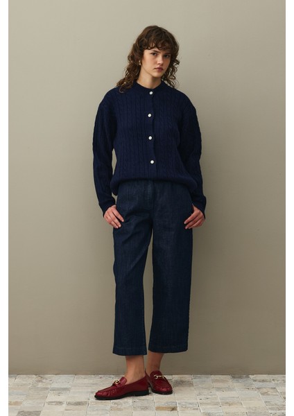 Saç Örgü Crop Hırka Lacivert