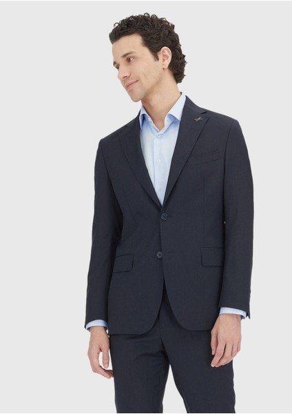 Koyu Lacivert Çizgili Zeroweight Slim Fit %100 Yün Takım Elbise