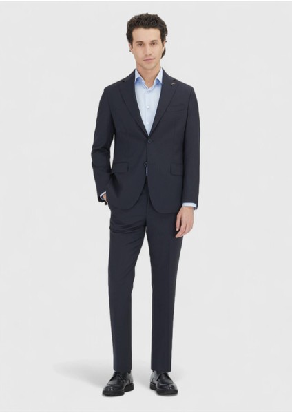 Koyu Lacivert Çizgili Zeroweight Slim Fit %100 Yün Takım Elbise modelleri