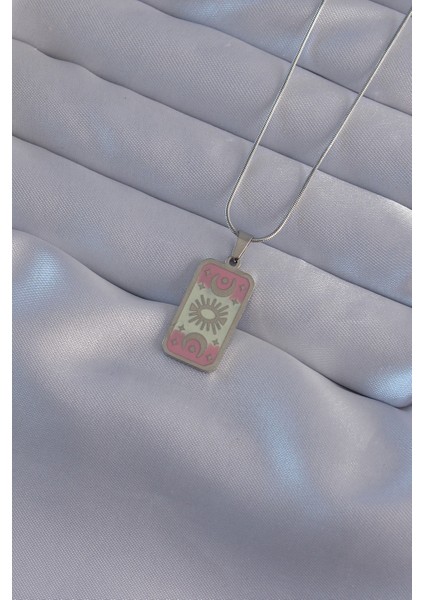 316L Çelik Gümüş Renk Pembe Mineli Ay Figür Tarot Kolye