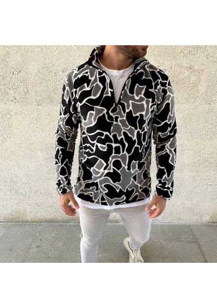 Erkek Yarım Fermuarlı Desenli Polar Sweat Yakalı, Uzun Kollu, Oversize Rahat Kalıp - Siyah -Vlmr fırsatları