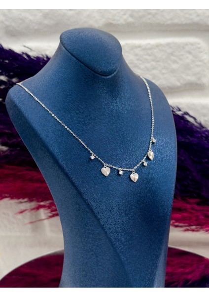 925 Ayar Gümüş Kalpli Taşlı Şans Modeli Zarif Kadın Kolye