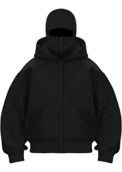 Kadın Samuray Ninja Çift Kapşonlu Zıp Fermuarlı Kanguru Çepli Hoodie Maske Detaylı Swetshirt - Siyah fiyatları