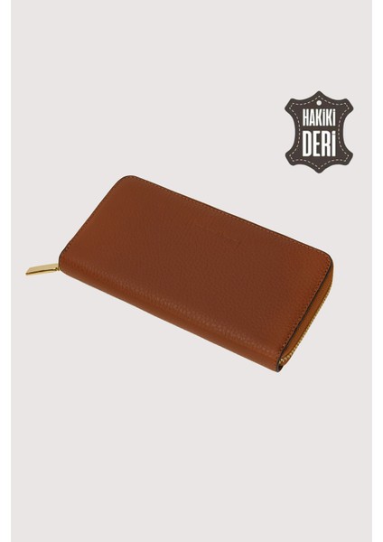 Hakiki Deri Kadın Büyük Boy Fermuarlı Cüzdan Taba SMR5108