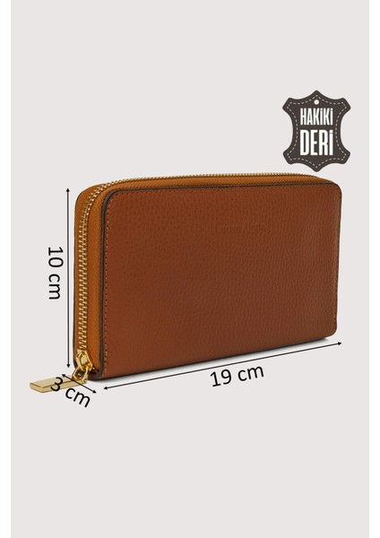 Hakiki Deri Kadın Büyük Boy Fermuarlı Cüzdan Taba SMR5108 fiyatları