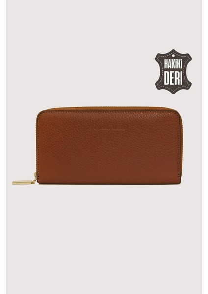 Hakiki Deri Kadın Büyük Boy Fermuarlı Cüzdan Taba SMR5108 modelleri