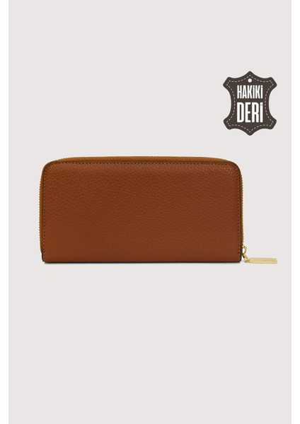 Hakiki Deri Kadın Büyük Boy Fermuarlı Cüzdan Taba SMR5108 fırsatları
