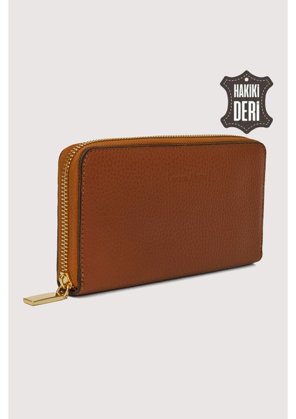 Hakiki Deri Kadın Büyük Boy Fermuarlı Cüzdan Taba SMR5108 indirimleri