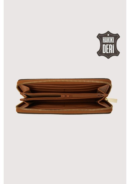 Hakiki Deri Kadın Büyük Boy Fermuarlı Cüzdan Taba SMR5108