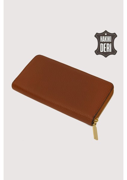 Hakiki Deri Kadın Büyük Boy Fermuarlı Cüzdan Taba SMR5108